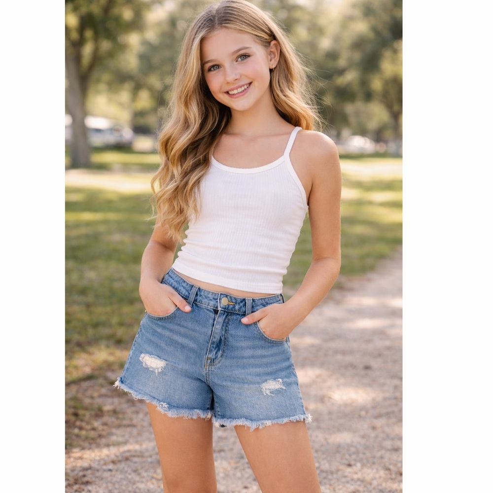 Cat & Jack Girls Denim Shorts XL 14‎ Stretch Distressed Frayed Hem